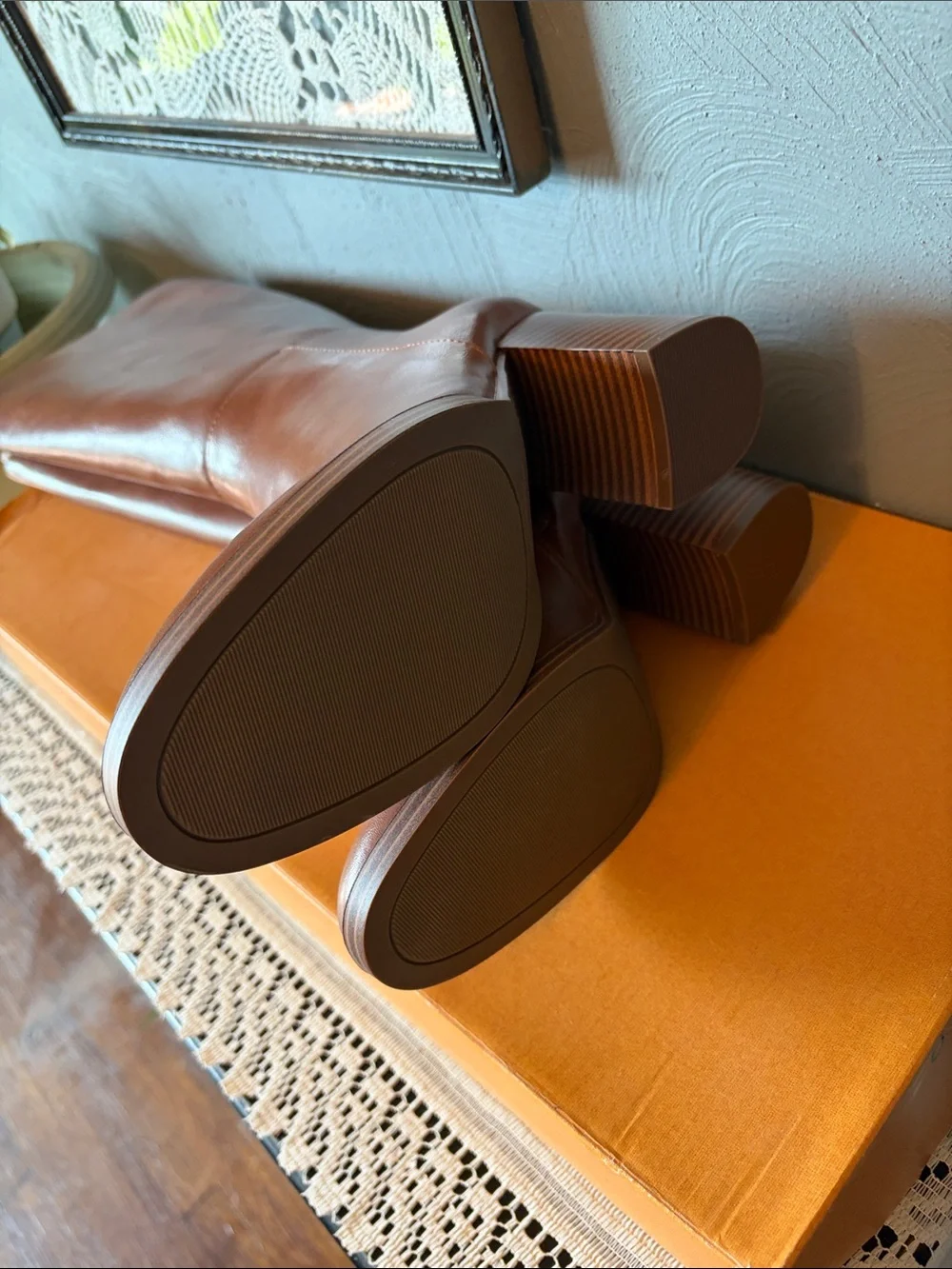 Unisa Tall Tan Brown Leather Block Heel Knee Boots